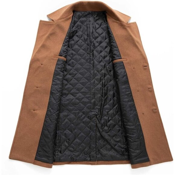 Men's Brown Winter Coat Wool Casual Double Breasted Long Pea Topcoat - Picture 3 of 3